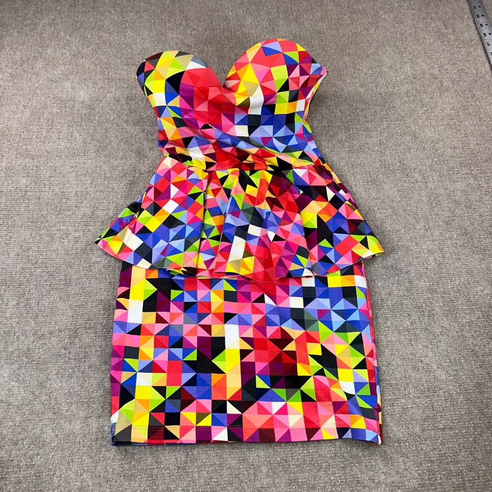 Colcci Y2K Retro Geometric Print Peplum Strapless Mini Dress Multicolor Small